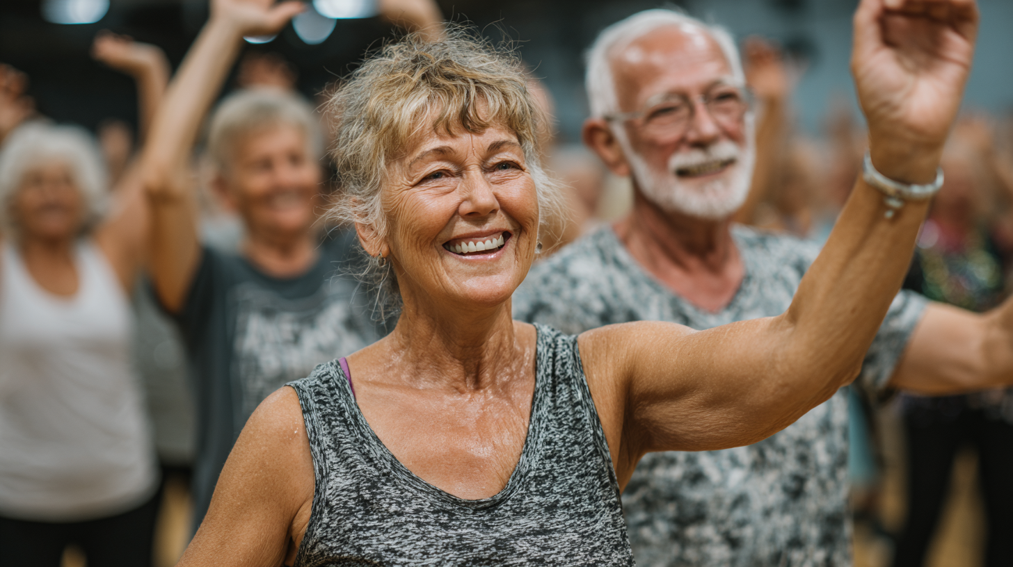 Група людей зрілого віку займається йогою у парку